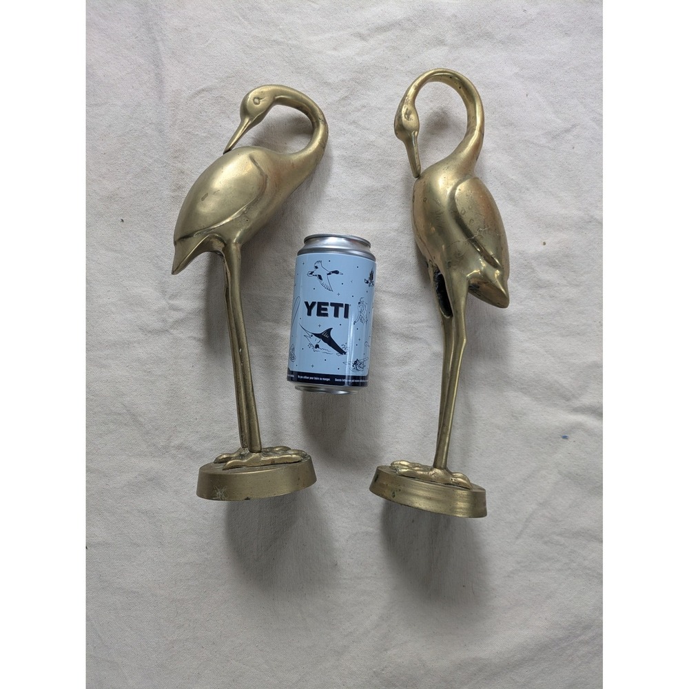 Pair Vintage Solid Brass Flamingo Figurines Mid Century Modern MCM Decor 14 inch